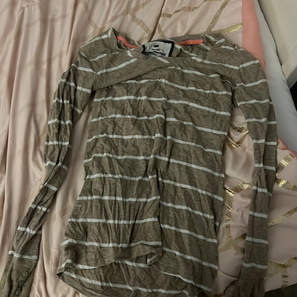 long sleeve striped tan and white shirt